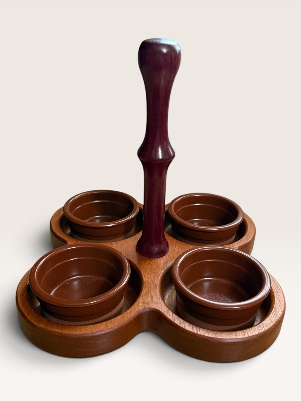 Wooden Four-Bowl Condiment Caddy Featuring Brown Ceramic Insert Dishes